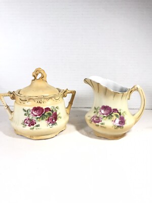 Antique Porcelain  Austrian Floral Roses with Gold Trim Cream &  Sugar Dish 5''