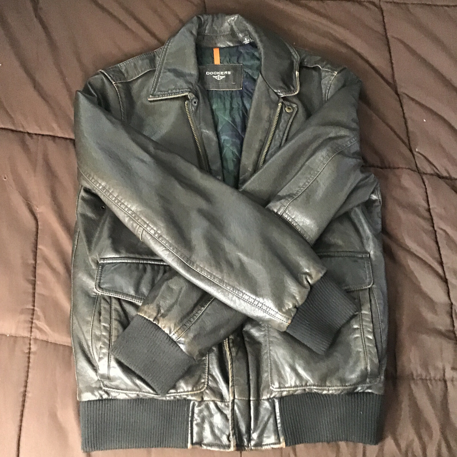 Men's Dockers Premium Brown Leather Jacket Size Small… Gem