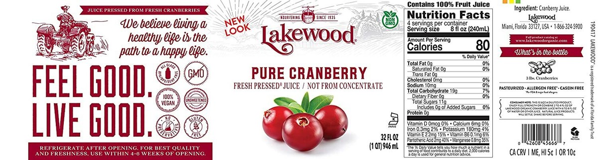 Lakewood Pure Cranberry Juice 32-Ounce Bottles Pack Of