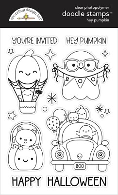 Doodlebug Clear Stamp Set Hey Pumpkin Happy Halloween Ghosts Car Air Balloon Cat