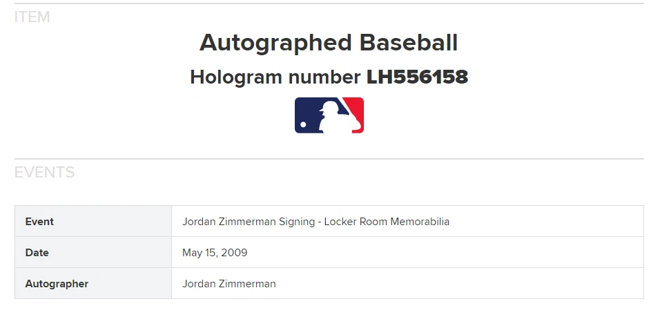 Jordan Zimmerman Firmado Oficial MLB Béisbol MLB Certificado de Autenticación LH556158 Foto 2 de 4