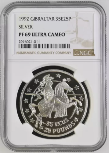 1992 Gibraltar 35 ECU 25 Pounds Silver Proof NGC PF69 Ultra Cameo - Beautiful!