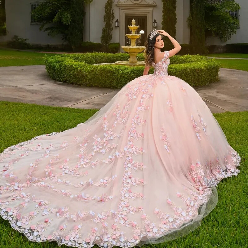 Pink Ball Gowns Quinceanera Dresses Lace Applique Off Shoulder Beaded Sweet  16