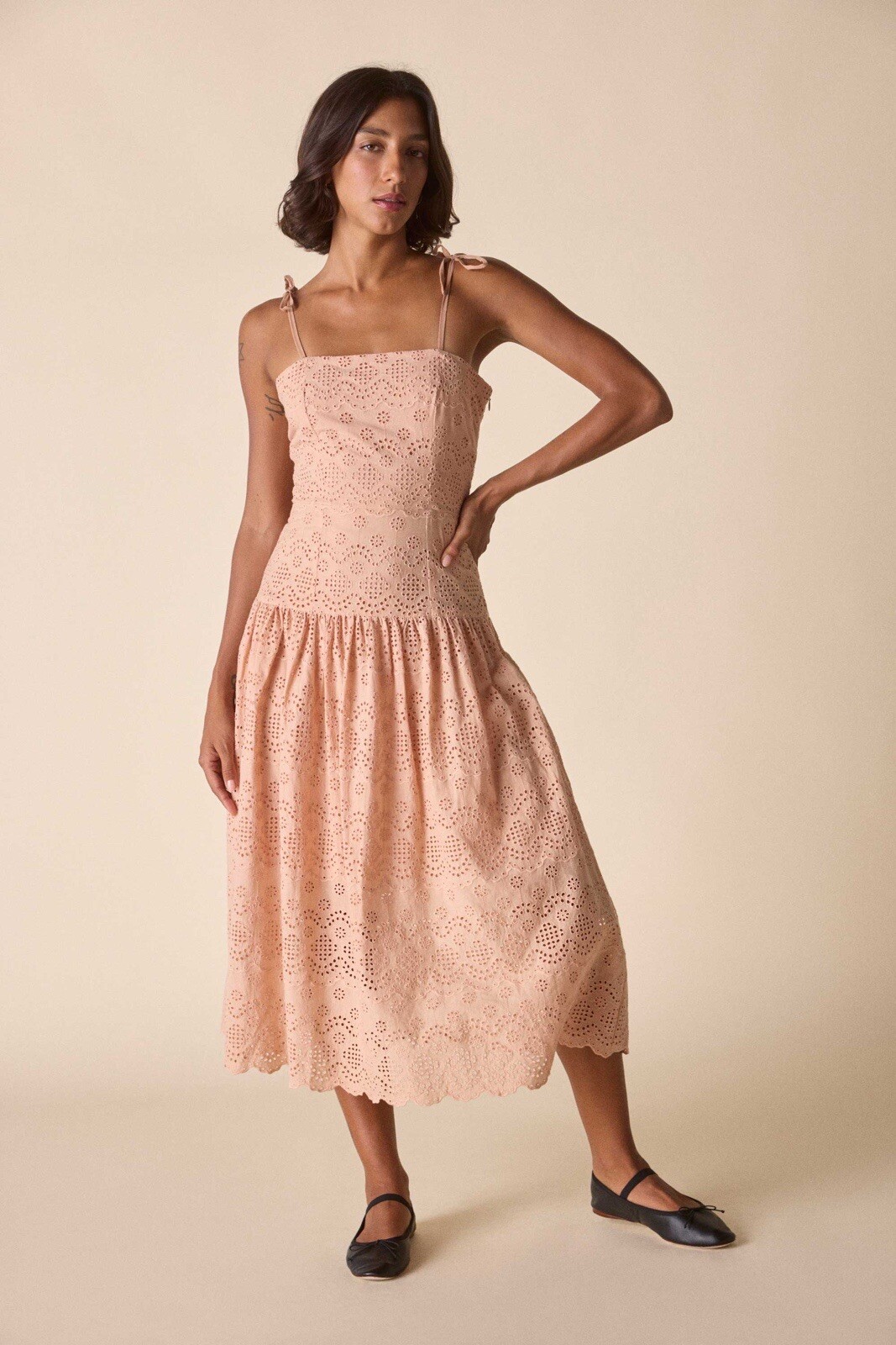 St. Roche NWT Benedict Midi Dress Women’s 4 Eyelet Detail Boho Coastal in Tan