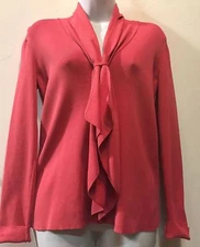 EUC STUDIO G coral jabot rayon nylon knit long sleeve TOP S Free shipping Defect