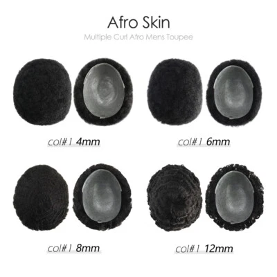 Men Toupee Human Hair Replacement Afro Curl Hair System Wig Poly Skin Black Hair