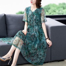 Women Short Sleeve Mesh Dress A-line Midi Floral Casual Elegant Summer Thin Chic
