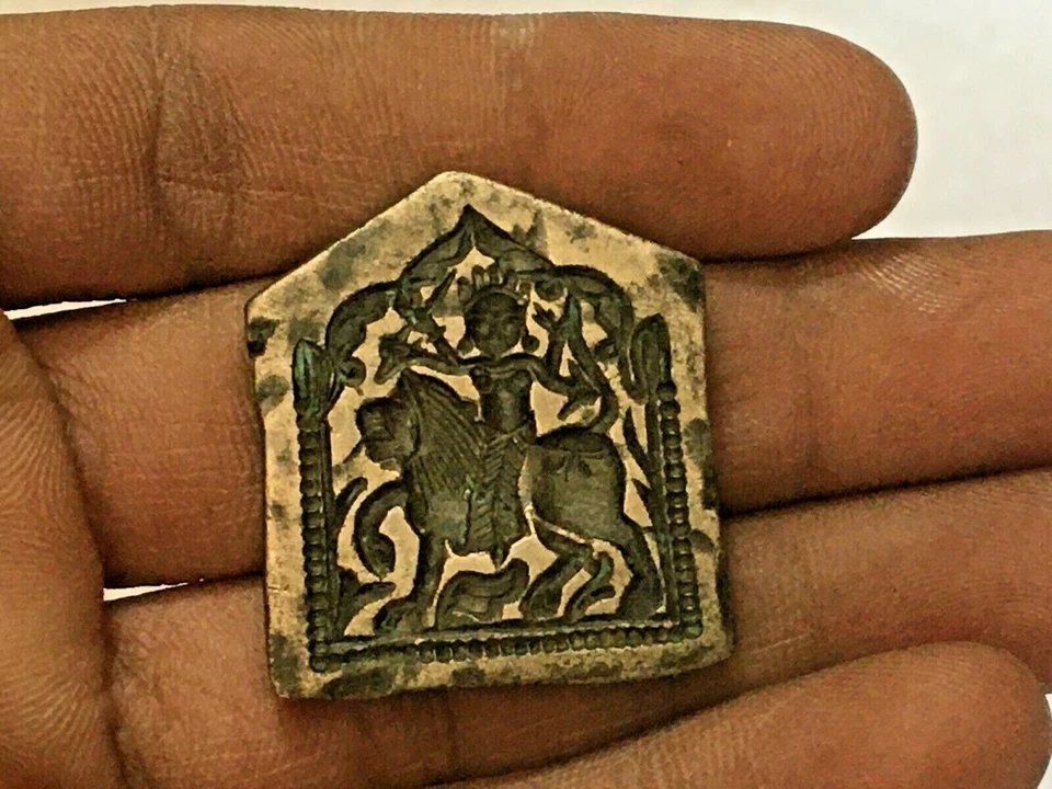 Antiguo Antiguo Raro Bronce Metal Diosa Hindú Maa Durga Joyería Sello Troquel  Foto 2 de 4