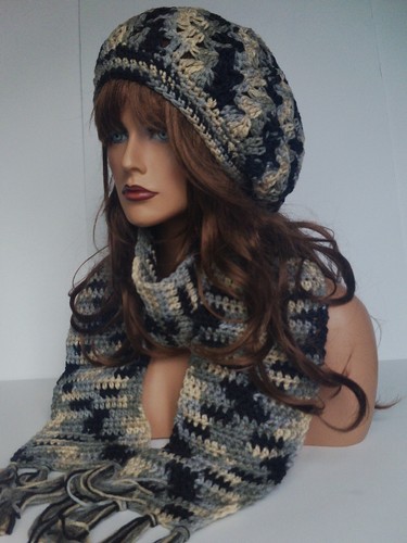 NEW GRAY BLACK RASTA HAT AND SCARF SET BERET CLOCHE BAGGY SLOUCHY TAM HIPPIE - Picture 1 of 7