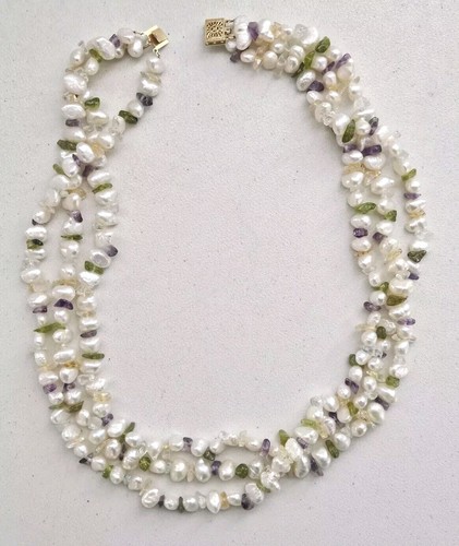 Collana oro 14 carati perle ametista peridoto quarzo chip 3 fili 18-1/2"