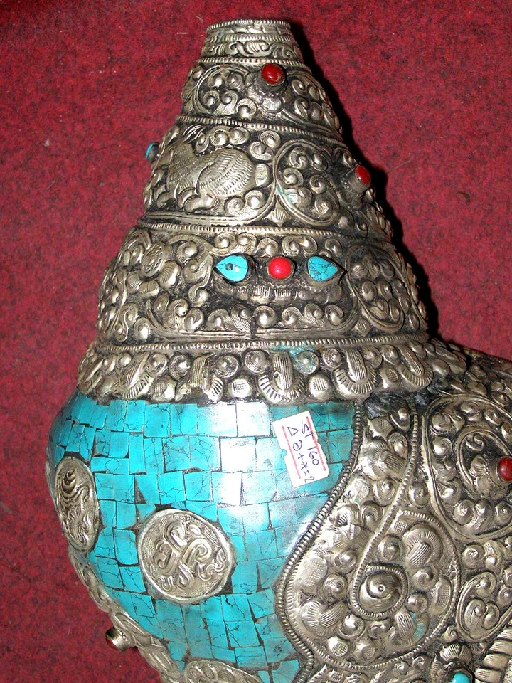 Tibetano Soplando Shankh Caracola Trompeta Cuerno Estatua Turquesa Azulejo Decoración del Hogar Foto 4 de 4