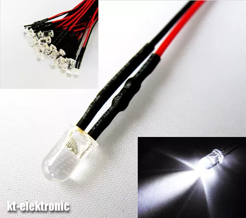 10 Stück 5mm LED weiß mit 20cm Kabel für 12V DC mit Widerstand fertig verkabelt