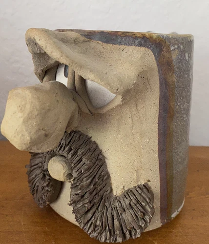 Vintage Whimsical Ugly Face 3D Stoneware Pottery Coffee Mug/Cup Artist Signed