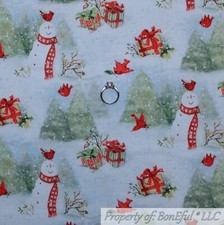 BonEful FABRIC Cotton Quilt White Green Xmas Tree Snowman Red Cardinal NEW SCRAP