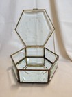 Vtg Brass Glass Octagon Shaped Jewelry Trinket Vanity Box with Mirror 7"