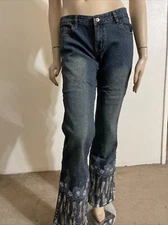 Blue Denim Cotton Beaded Embroidery Silver Paint Wide Stretch Size M Pants 211