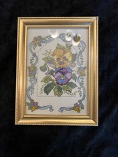 Vintage Cross Stitch Pansies  Ribbons in Beautiful Frame 6" by 8"