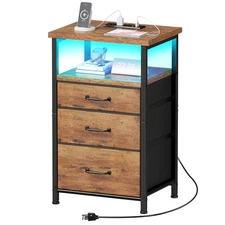 Nightstand with Charging Station, Night Stand with Drawers (Fabric), Bedside ...