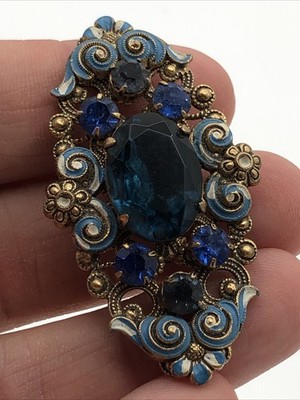 Vintage West Germany Czech Floral Flower Rhinestone Enamel Filigree Brooch Pin