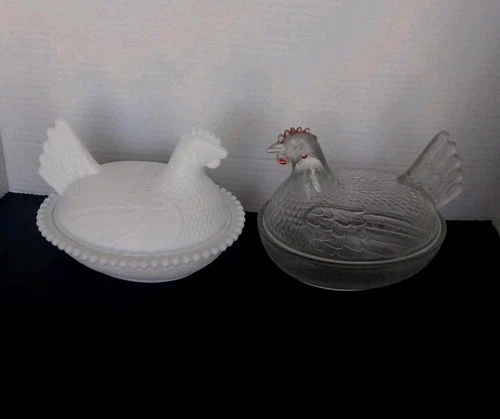 Lot Of Two Vintage Indiana Glass Hen's On A Nest Clear & White Milk Glass