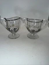 Vtg Clear Glass Open Sugar & Creamer Set Silver Accents Etched Leaf 3.75”H