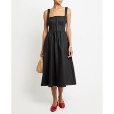 o.p.t Marina 100% Linen Minimalist Lace Trim Elegant Black Tea Length Dress 6