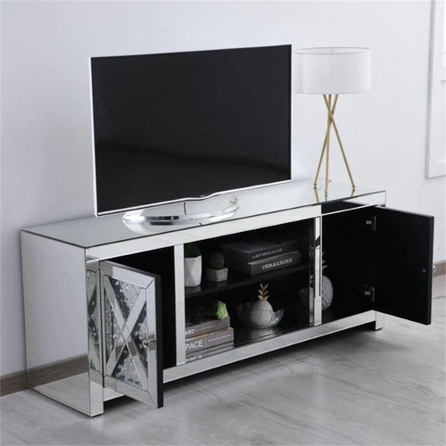 Elegant Decor Modern 2 Door 59" Clear Crystal Mirrored TV Stand - Picture 6 of 11
