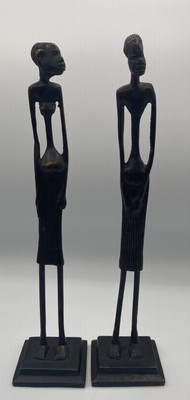 Set of 2 African Couple Figures Brass Bronze Tribal Statue Sculpture Man Woman 