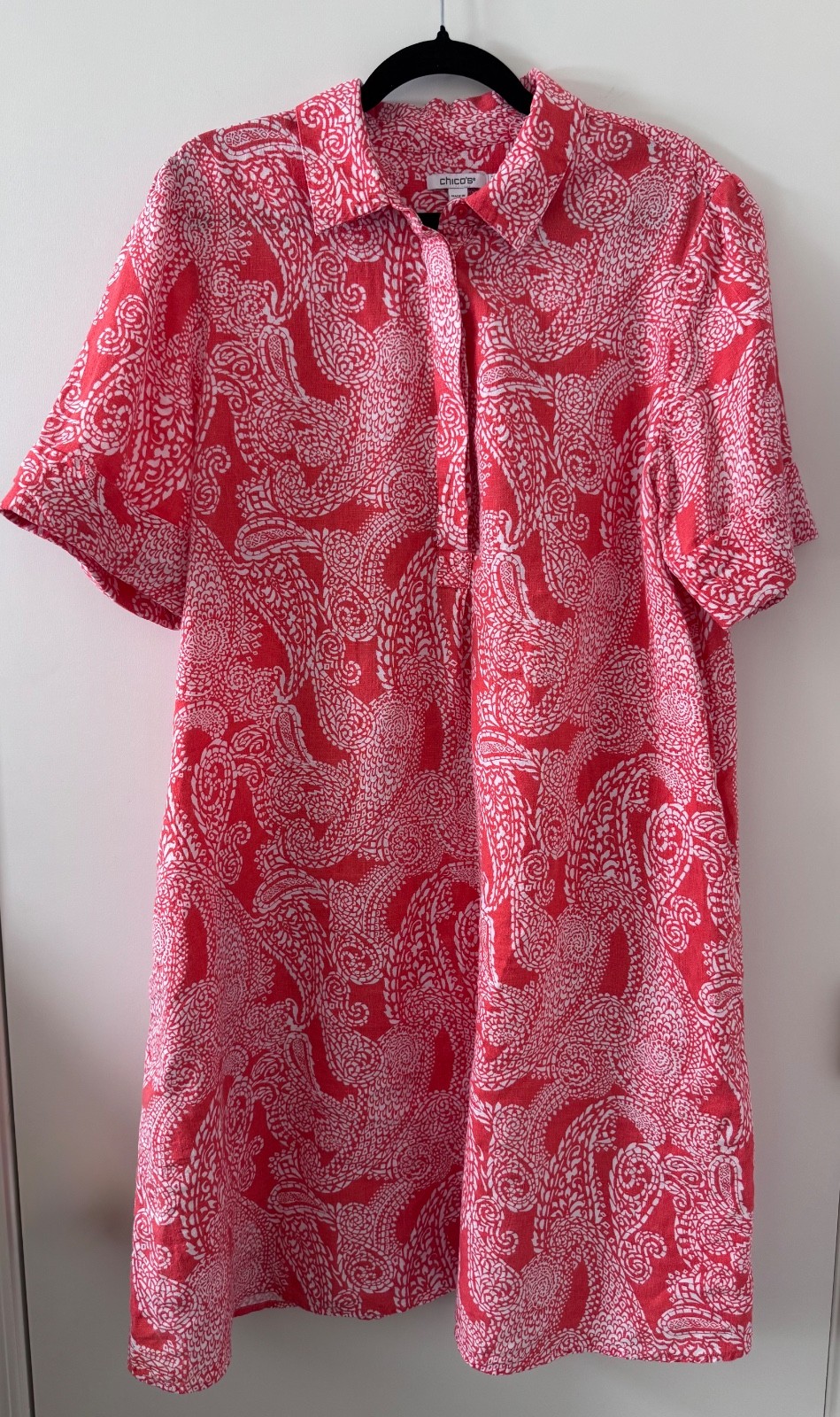 Chico’s Linen Popover Shirt Dress Size 3 16/18 Coral Paisley Pockets