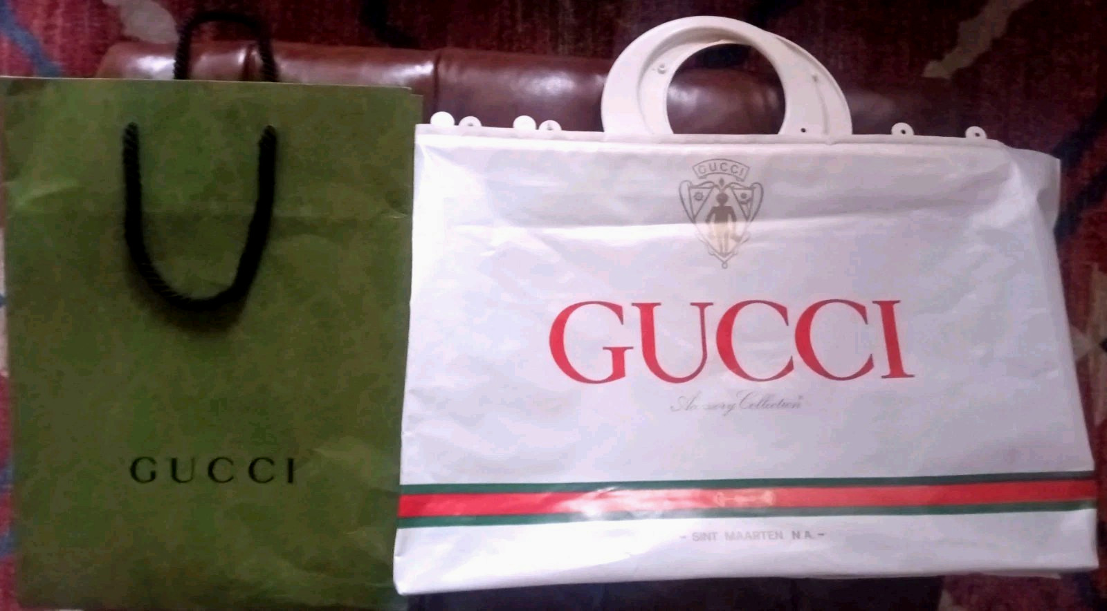 GUCCI Borsa spesa carta verde 13,75" x 10" e sacchetto plastica vintage set 17"X12"