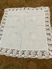 Lovely Vintage White Doily   Linen with Crochet Lace  Embroidery-19''x17''