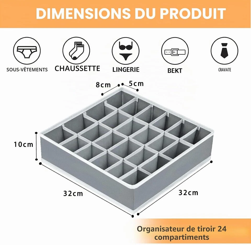 Lot 3 Organisateurs Tiroir 24 Cellules Pliable Gris Chaussettes Ikea - Photo 3/4