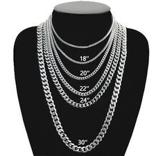 16-30" Stainless Steel Silver Chain Cuban Curb Womens Mens Necklace 3/5/7/9mm
