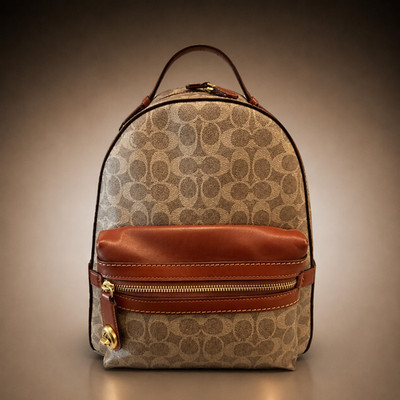 NWOT Coach Brown Monogram Backpack with Logo, Zipper & Turn Lock Accents