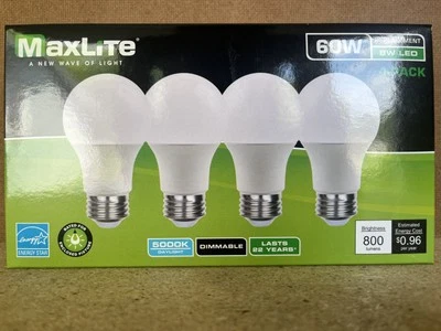 4 Pack Maxlite 8W LED Bulb = 60 watt replace A19 Daylight 5000K LED Light 60w