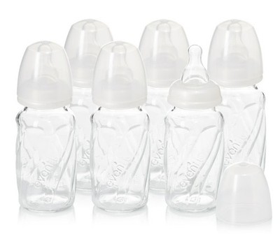Evenflo Glass Baby Bottle Set 4oz Clear Silicone Nipple Dishwasher Safe 6 ct