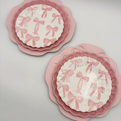 6pc Pink Bow Plate Set Coquette Scalloped Beaded Ribbon Charger Salad Plates