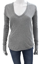 Enza Costa Women Basic Gray V Neck Long Sleev...