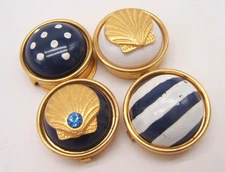 VTG GOLD TONE BLUE WHITE NAUTICAL SHELLS DOTS STRIPES BUTTON COVERS 4