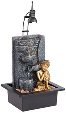 Kneeling Gold Buddha Asian Zen Cascading Indoor Tabletop Water Fountain LED 17"