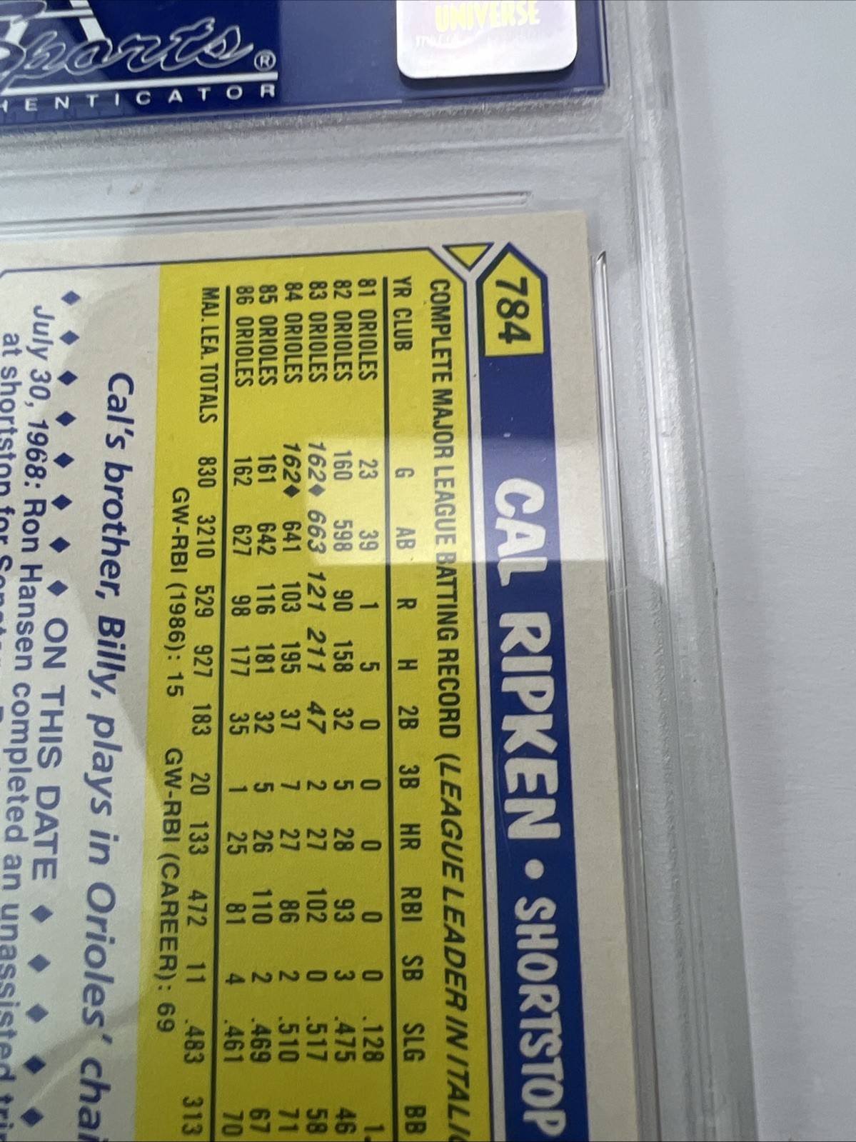 1987 Topps Tiffany #784 Cal Ripken Jr PSA 9 Baltimore Orioles HOF view 4