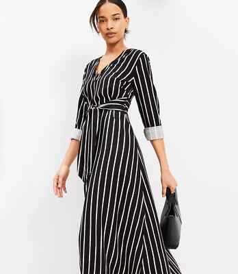 loft striped midi dress Loft Striped Poplin Twist Midi Pocket Shirtdress Size XS Salt Water Blue Women's