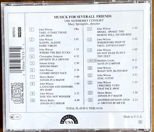 The Newberry Consort, Mary Springfels – Musick For Severall Friends CD (MINT) - 第 2/2 張圖片