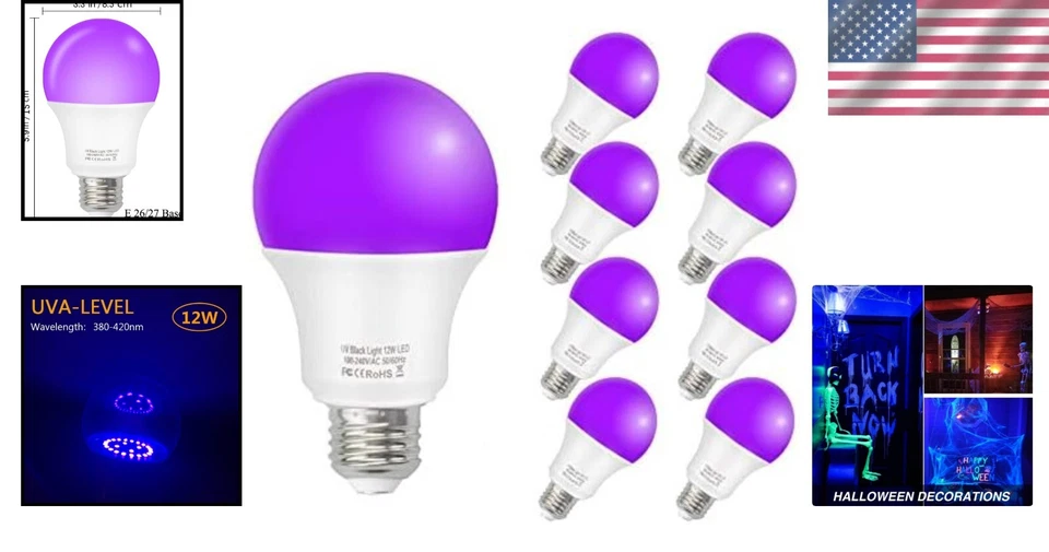12W LED Black Light Bulbs 8-Pack - Perfect for Glow Parties & Halloween Decor - Image 2 of 4