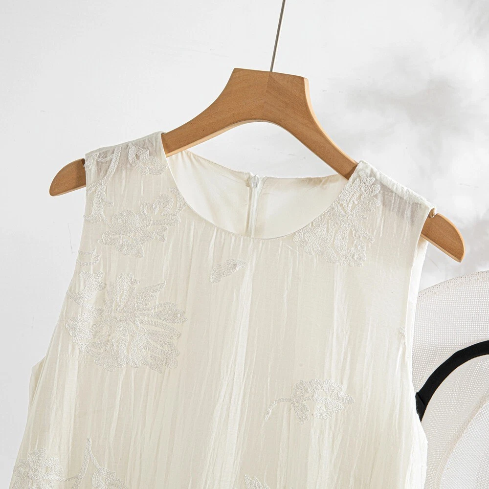 OFF WHITE Abito donna moda ricamato tencel lungo smanicato gilet vestito gonna linea A