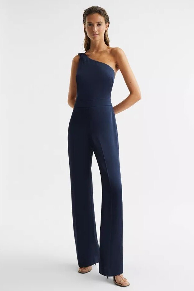 REISS Lucinda Bridesmaid One Shoulder Jumpsuit in Navy Size 12