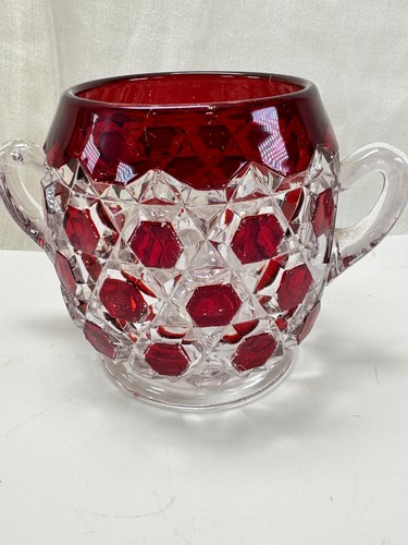 Sugar Bowl EAPG Red Block Ruby Glass Stained flash Handled Open NO LID USA - Picture 4 of 11