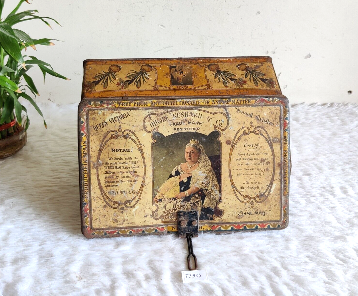 Antique Queen Victoria Brand Graphics Saffron Advertising Tin Box