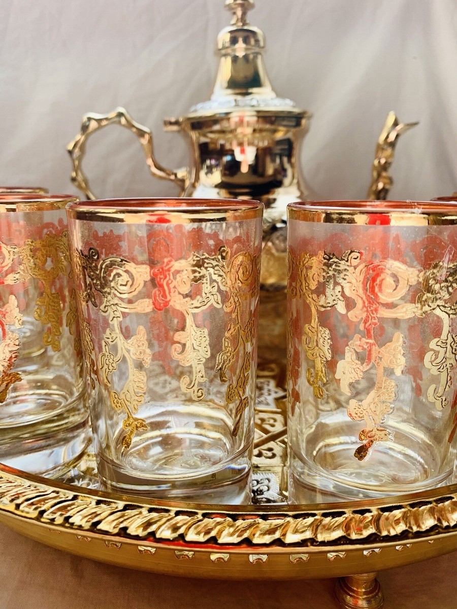 Moroccan Luxury Handmade Tea Set, 6 Tea Glasses, Teapot ,Tea Tray