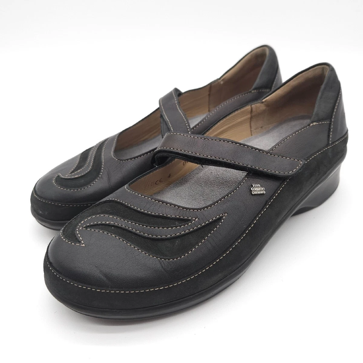 Finn Comfort Womens Size 4 Mary Janes Shoes Black Leather Strap
